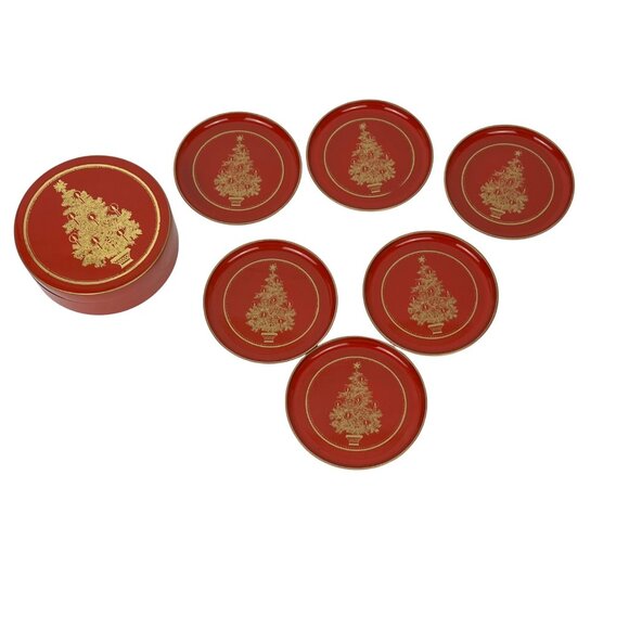 Red Lacquerware Holiday Christmas Tree Coaster Set Vintage Otagiri - Picture 1 of 8